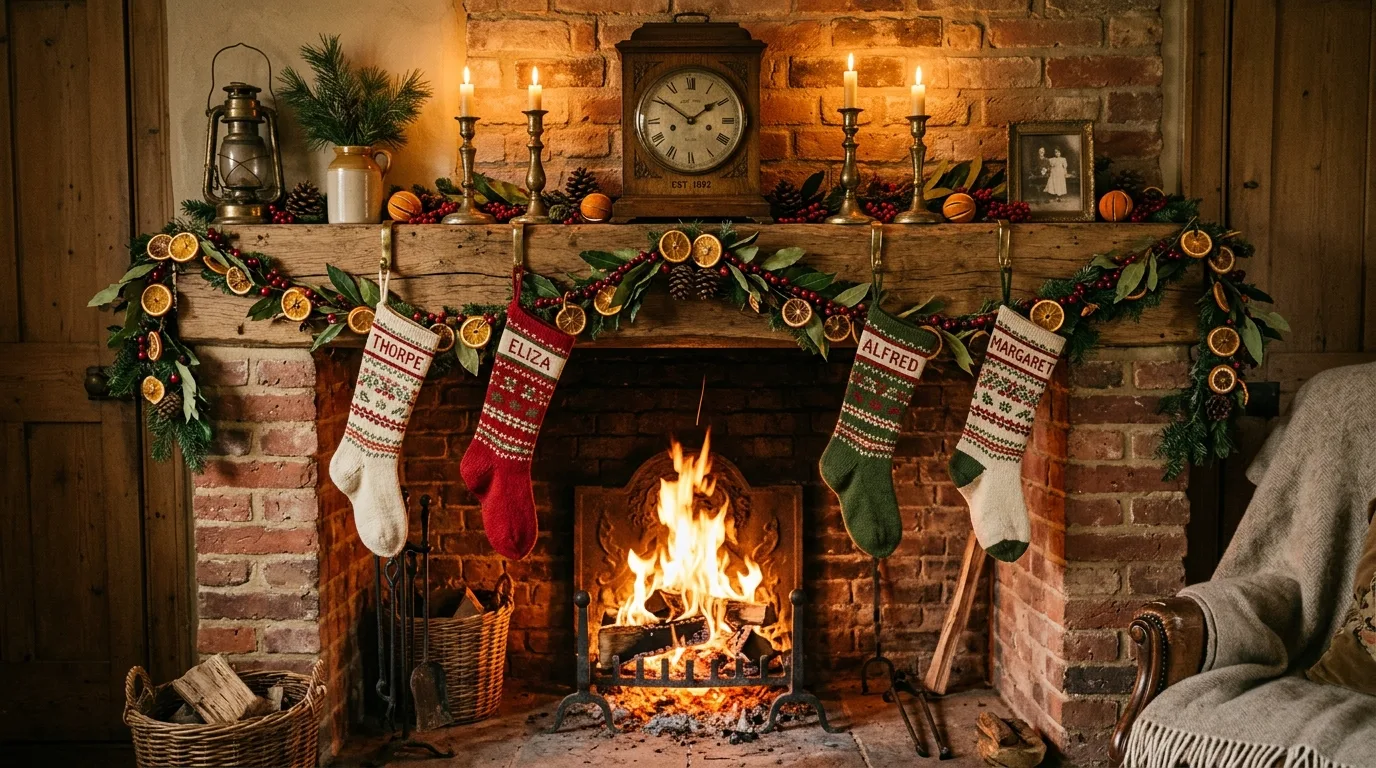 Vintage Christmas mantel with stockings, candles, and dried garlands.